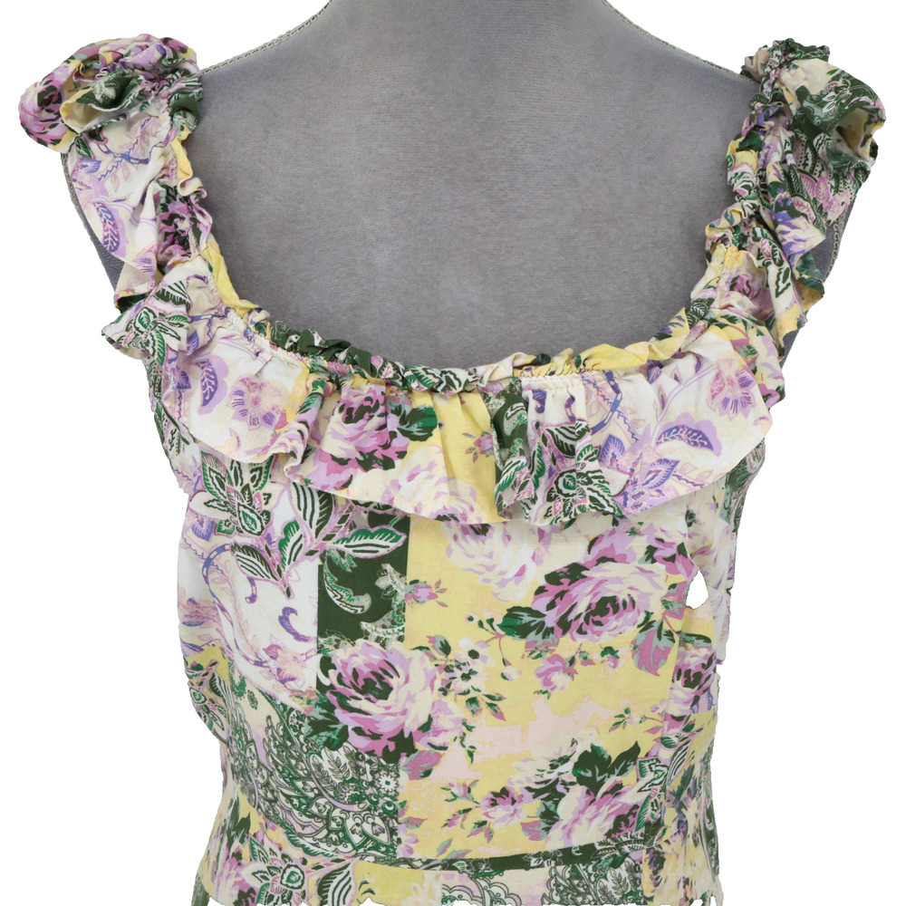 Loft Dress Womens Medium Green Yellow Floral Cotton Rayon Back Zip Ruffle Trim - Picture 7 of 13